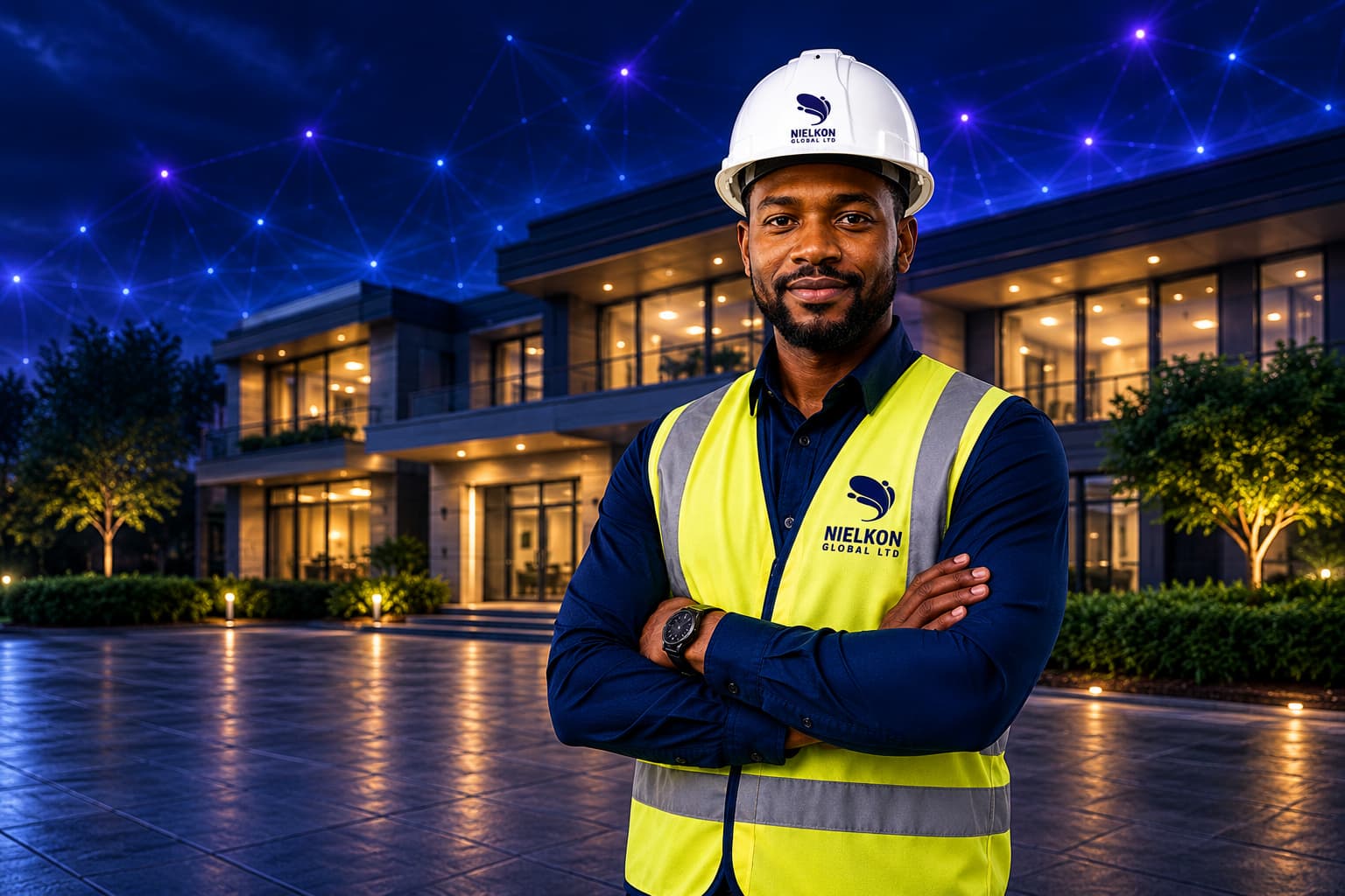 A Nielkon Global engineer on-site at a smart-automated property at night